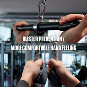A fitness enthusiast uses A90 Grip Pads on a pull-down bar for enhanced comfort and blister prevention during a workout session.