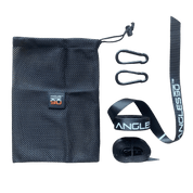 A black pouch with the 'A90 Sling Trainer' logo, two carabiners, and a grey and black fabric strap against a black background, comes with an exercise sheet.