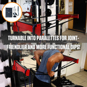 A person performing dips on an A90 Sling Trainer with an inset showing an attachment that converts the machine into parallel bars for a more joint-friendly exercise experience, including a net carry bag for easy transport.