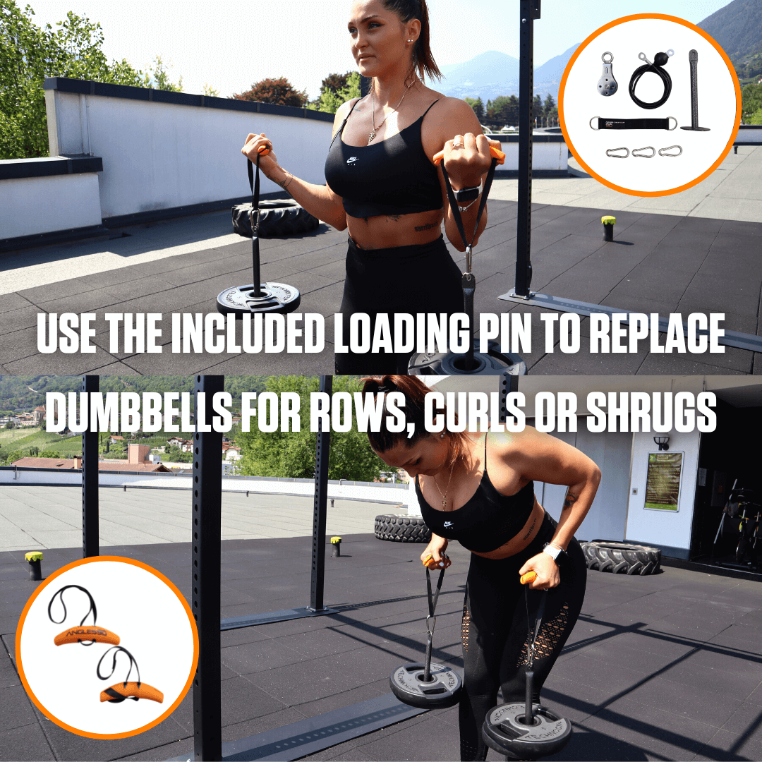 A woman demonstrating the use of an A90 Cable Pulley Set for exercise, with icons indicating its versatility for various workouts such as rows, curls, and shrugs.
